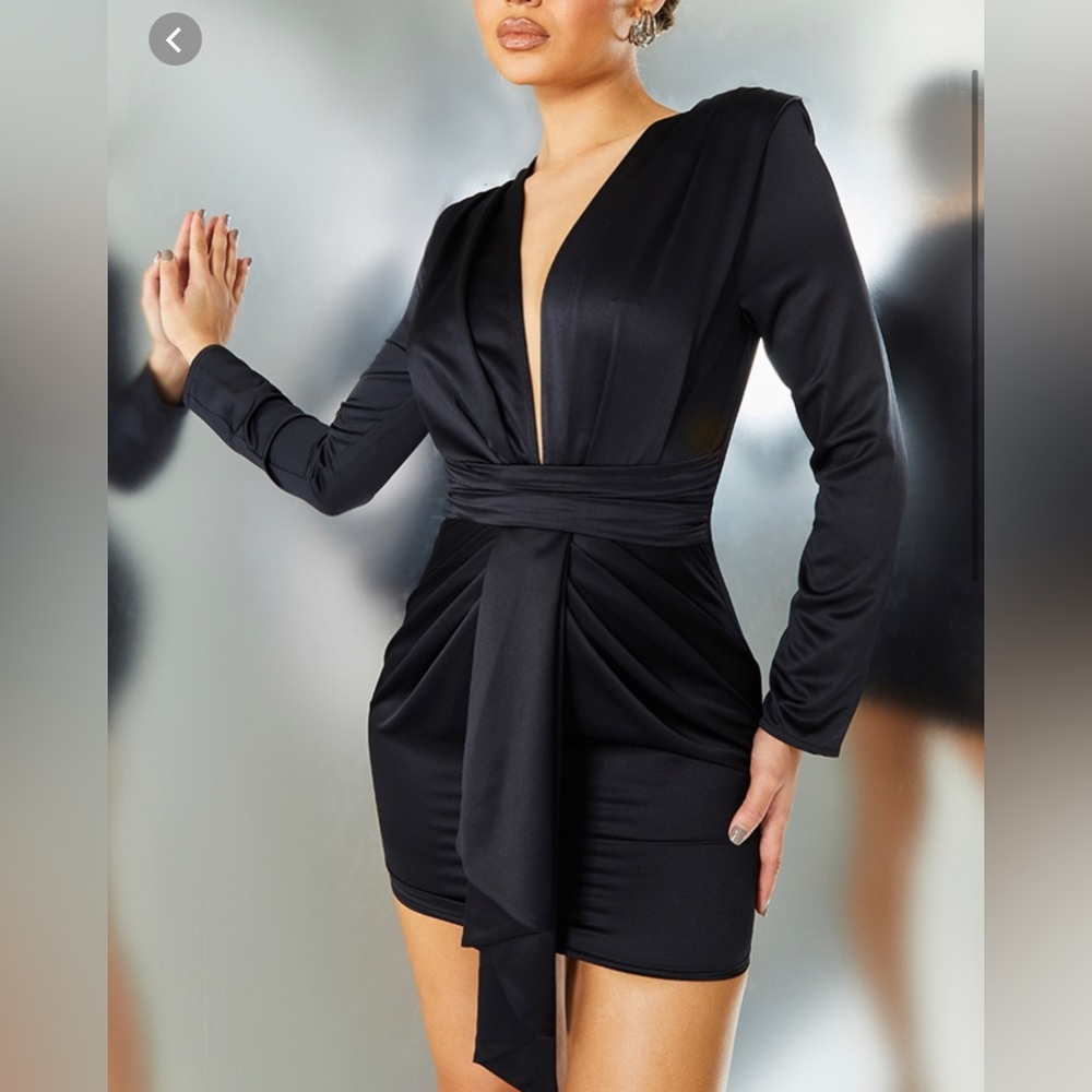 PRETTY LITTLE THING SATIN LONG SLEEVE DRAPE DETAIL BODYCON DRESS